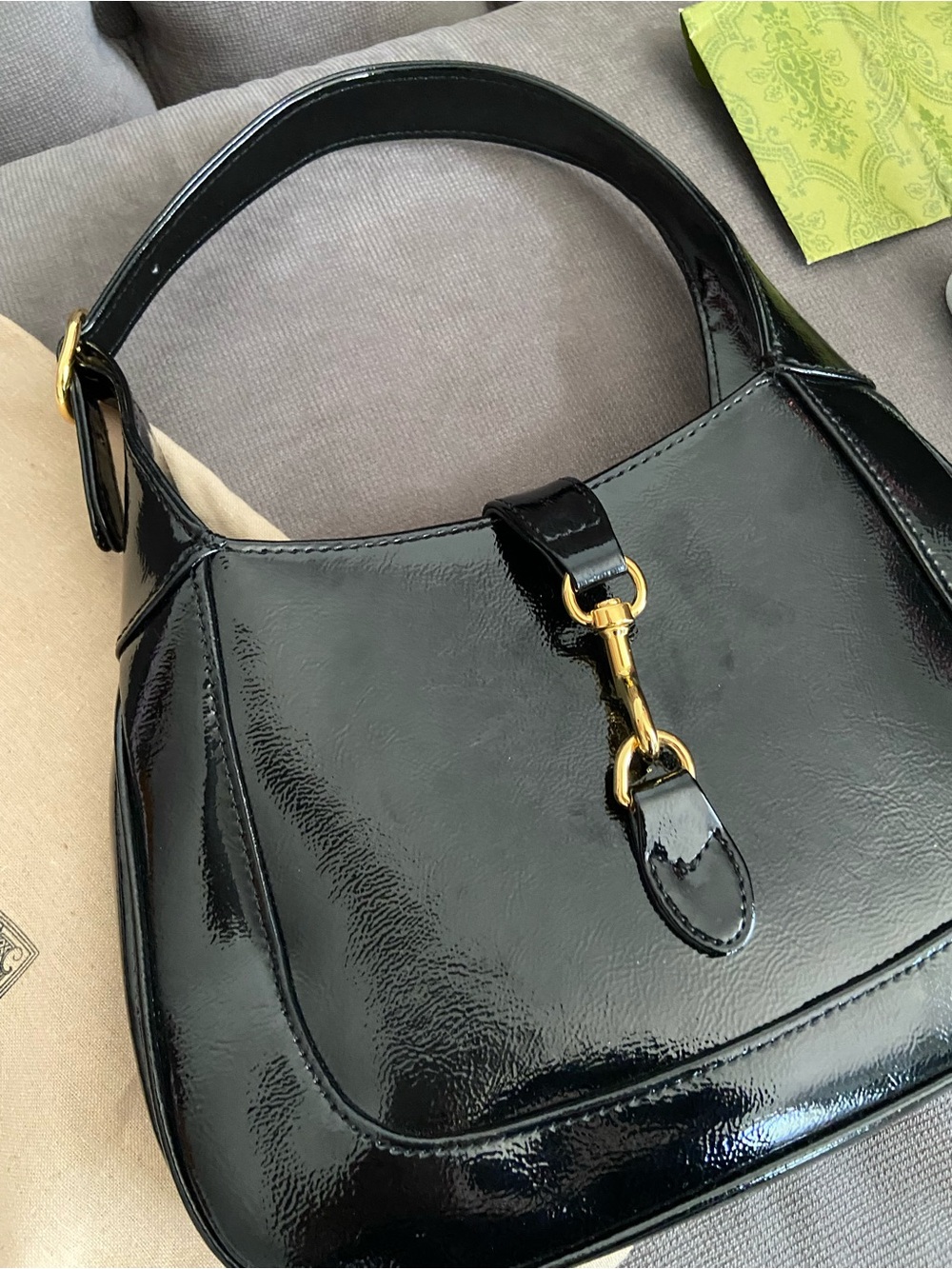 Black Patent Leather Shoulder Bag with Gold Hardware